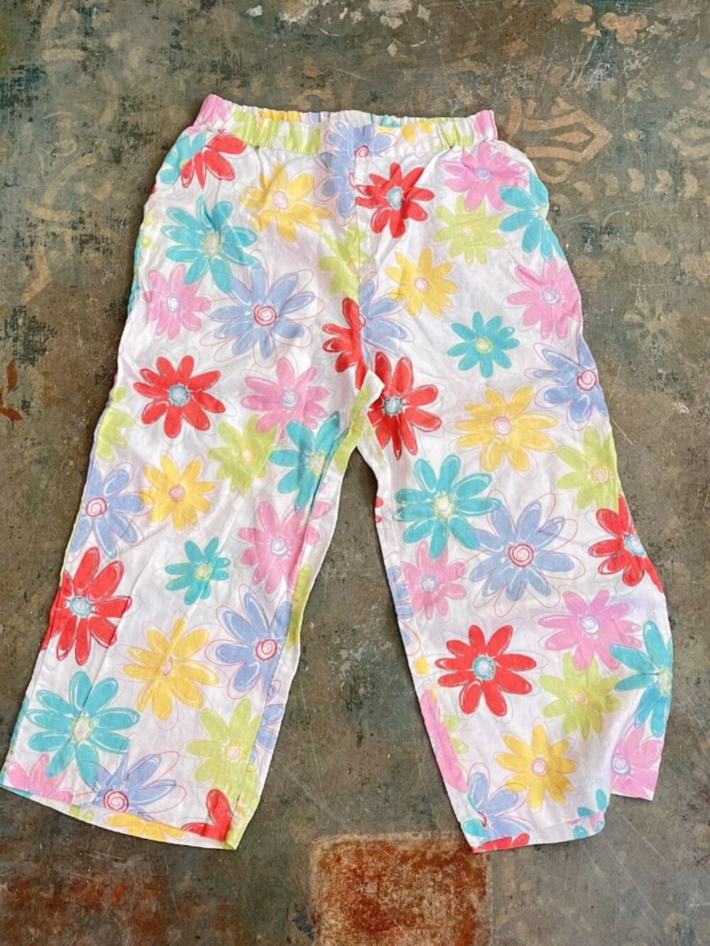 Cotton Connection Linen Pants Floral Wide Leg Crop Resort Beach Boho Mod Sz L